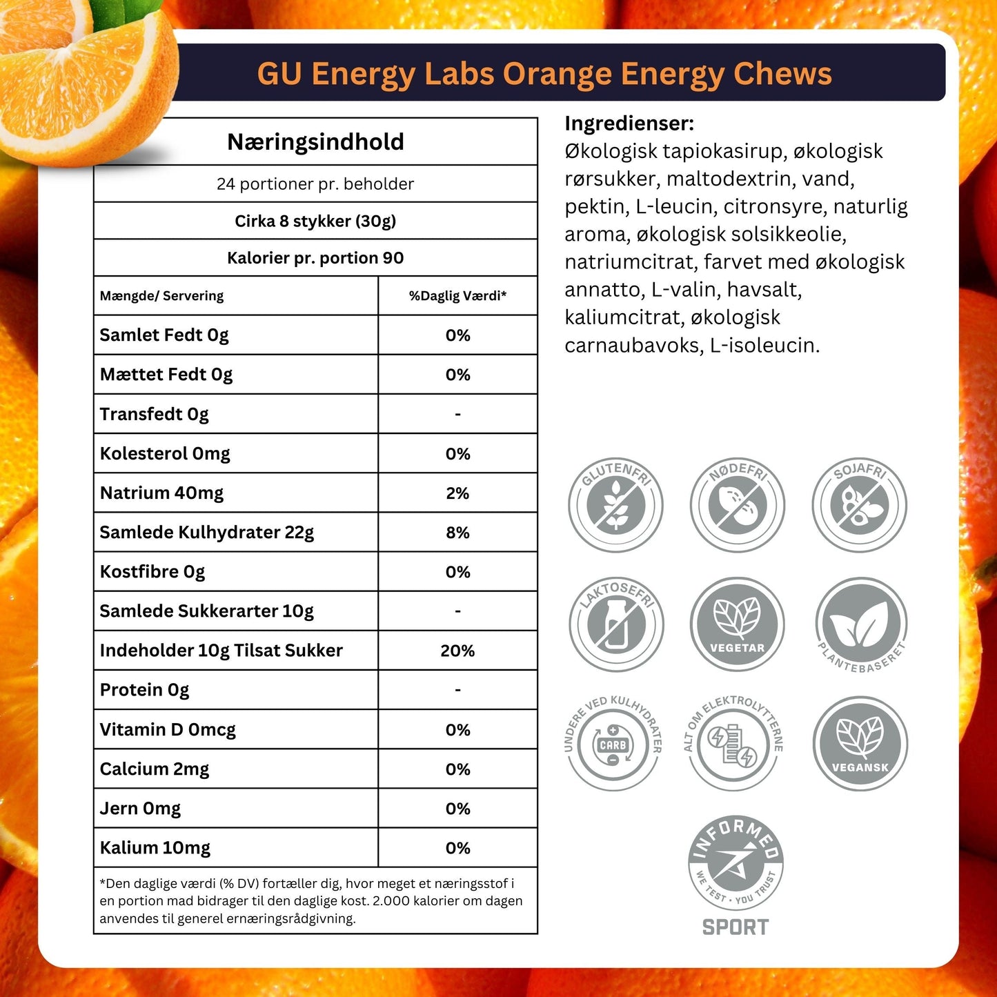 GU Energy Chews Orange 60g Danish Ingredients