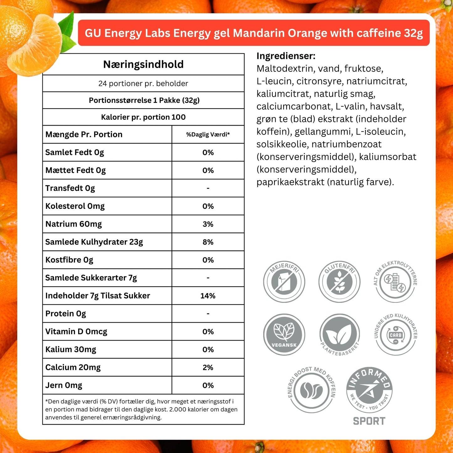 GU Energy Energigel Mandarin Orange med koffein 32g 24pack