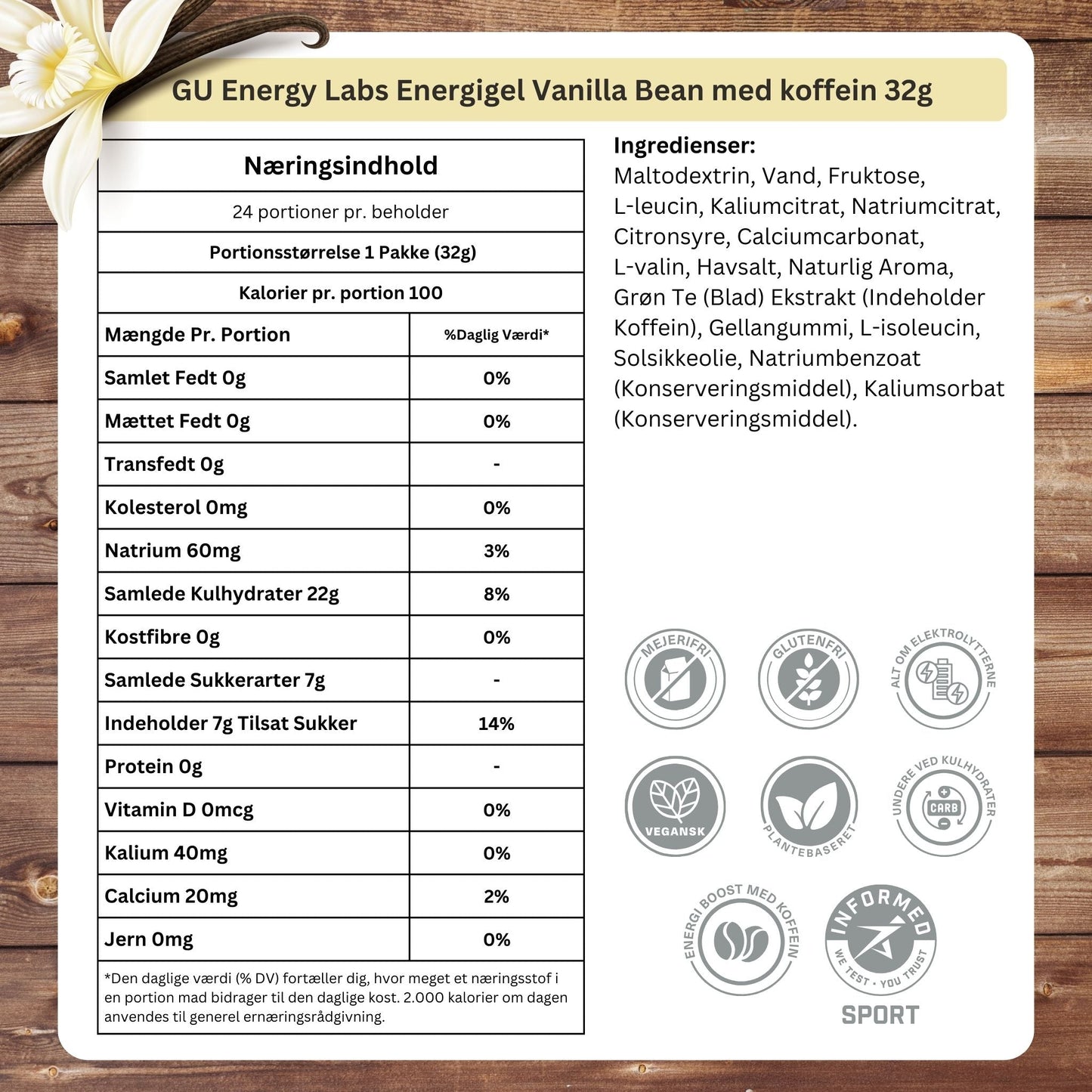 GU Energy Energigel Vanilla Bean med koffein 32g 24pack