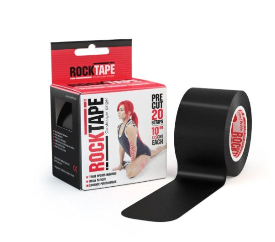 RockTape Pre Cut Tape, 5 cm x 5 metriä, 20 cm suikaleina, musta