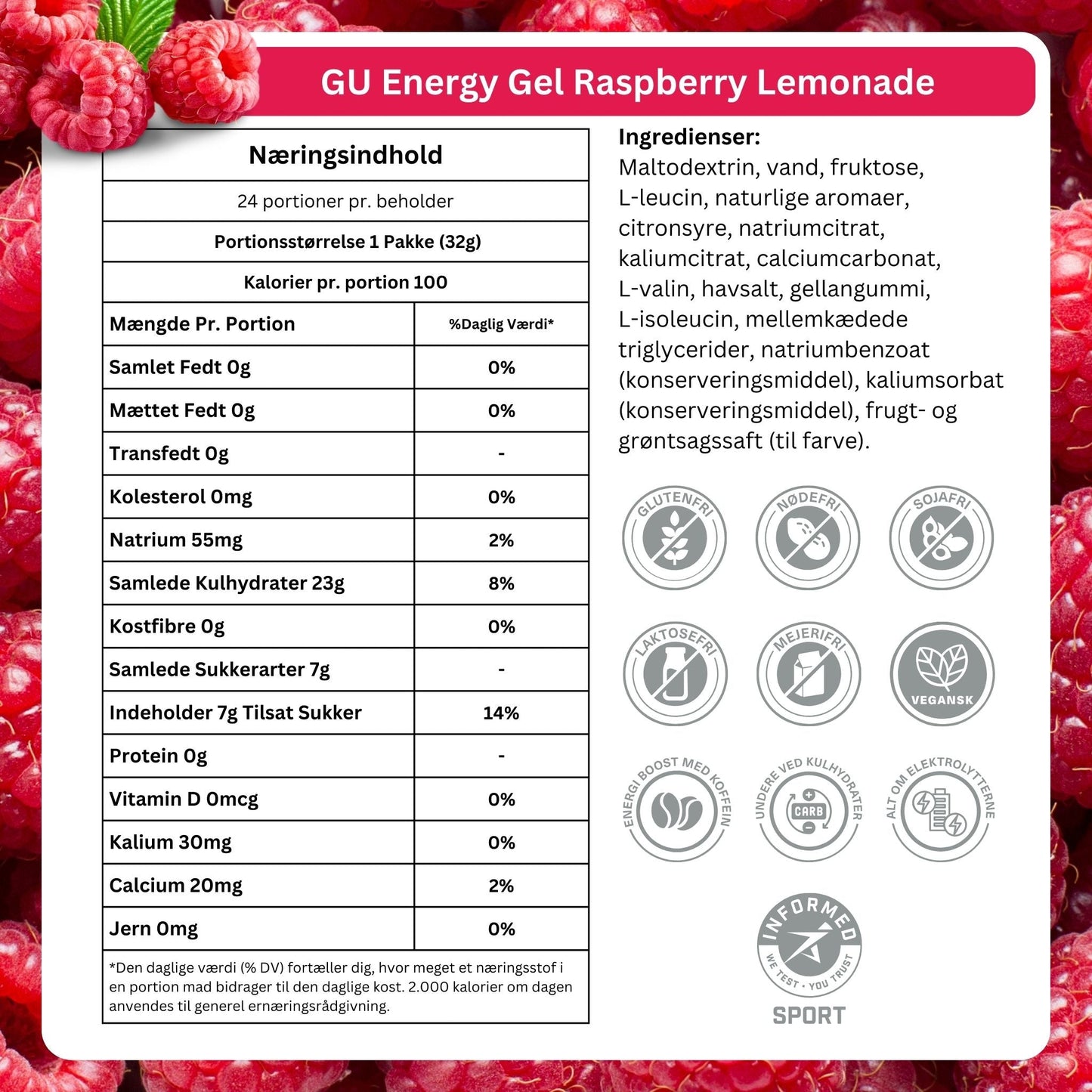 GU Energy Energigel Raspberry Lemonade med koffein 32g 24pack