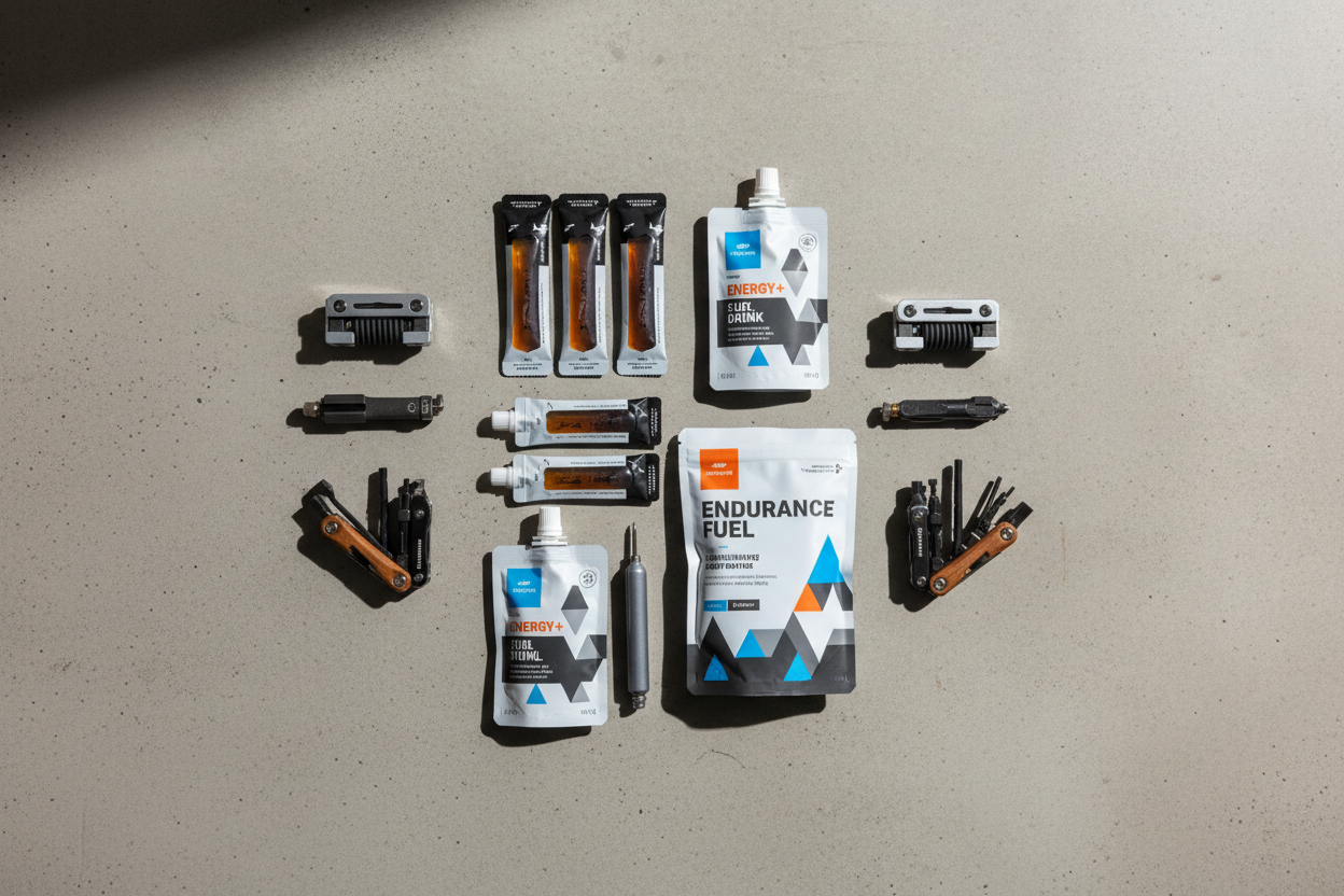 A clean, high-quality flat lay photograph showing a curated selection of cycling and sports products arranged on a neutral grey, textured background.

The composition should feel Scandinavian, minimal, and professional. In the center, sports nutrition products such as energy gels should be clearly visible and well-lit, representing performance and endurance for cyclists.

Surrounding the nutrition products, include tubeless repair items and compact cycling tools to emphasize reliability and preparedness. Ad