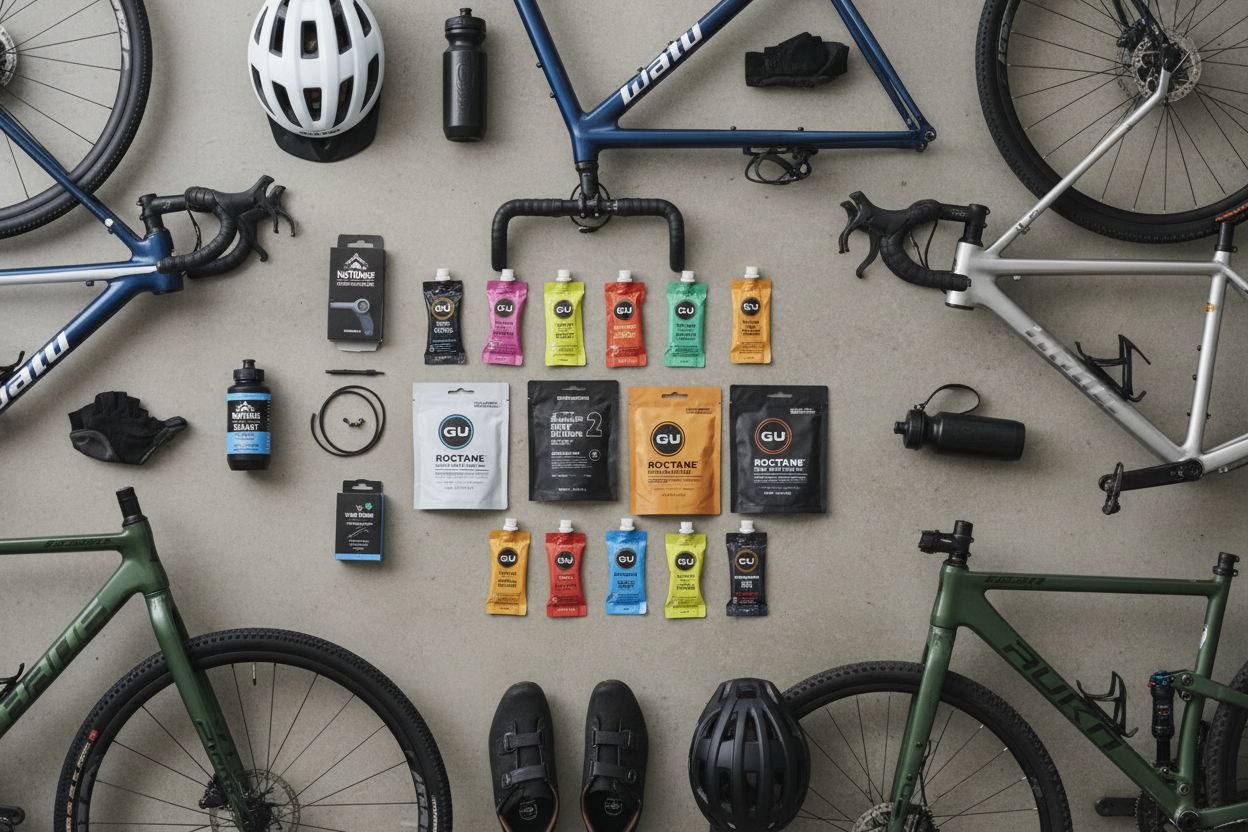 The image shows a carefully arranged flat lay of cycling and sports products on a neutral grey surface, creating a clean and professional look.

In the center, sports nutrition products from GU are clearly visible, including energy gels designed for use before and during training or competition. These are paired with Stan’s NoTubes tubeless repair materials, highlighting essential equipment for modern cycling.

Add also some bikes